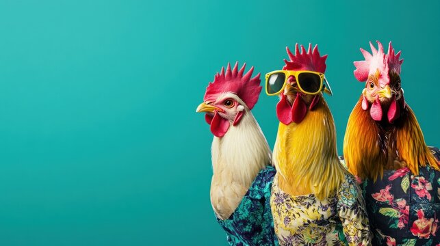 Chickens in quirky and chic attire, featuring bold colors and unique designs, isolated on a solid teal background, perfect for an unconventional ad campaign