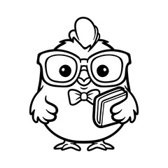 fun smart chick chicken with glasses and book cartoon character isolated drawing line art style sketch classic vintage design illustration