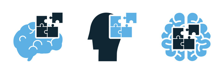 Autism Awareness Icon Set: Puzzle Pieces and Brain Symbols Representing Autism Spectrum, Cognitive Development, and Mental Health Concepts for Therapy, Psychology, and Educational Illustrations