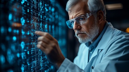 Senior scientist analyzing data with advanced technology in a lab environment.