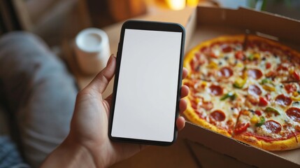 Person holding smartphone with blank screen above pizza in cardboard box, concept of online food ordering and delivery, artificial intelligence-generated visual
