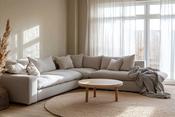 Fototapeta premium Minimalist, modern Scandinavian interior design in the living room with windows visible and sofa and table. Generative AI 