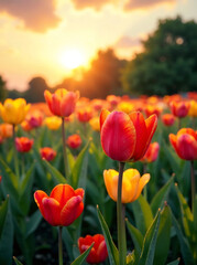 un bello atardecer en un campo hermoso de flores coloridas en el campo crecimiento de flores al aire libre new image