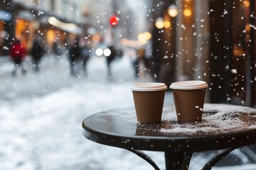 A cozy coffee shop terrace in the snow, with two paper cups of hot chocolate on an outdoor table