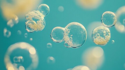 Naklejka premium Clear water bubbles gently floating on a vibrant blue background, creating a refreshing and calming visual ideal for nature and purity concepts