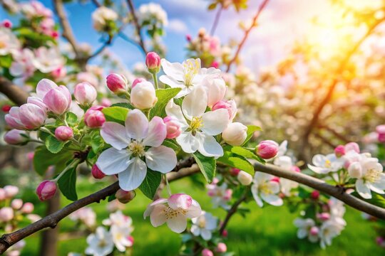 Fototapeta Fresh beautiful flowers of the apple tree blooming in the spring.