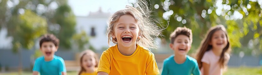 A joyful child in a yellow shirt runs ahead of friends, all laughing and playing outdoors in a lively, sunlit environment.