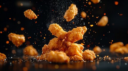 Crispy golden chicken nuggets falling on black background.