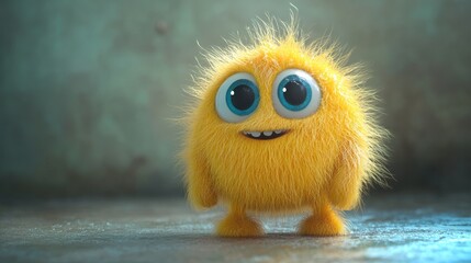 Cute yellow little monster, a furry texture, blue background, lovely style, 3d rendering