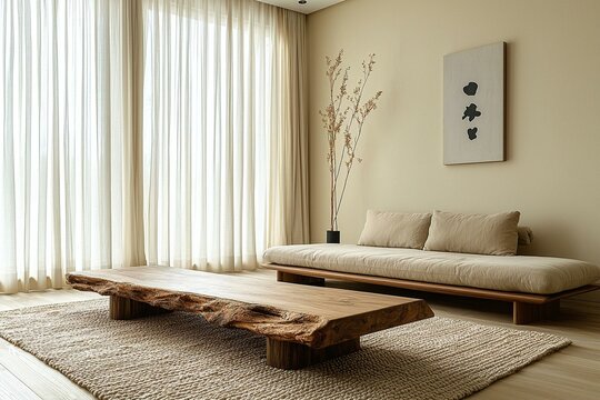 Minimalist, modern japandi interior design of a living room with windows and curtains and a sofa. Generative AI
