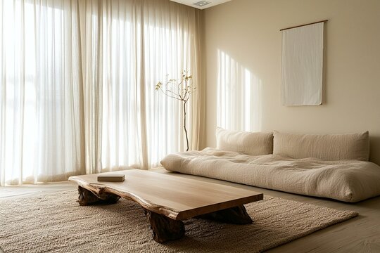 Minimalist, modern japandi interior design of a living room with windows and curtains and a sofa. Generative AI
