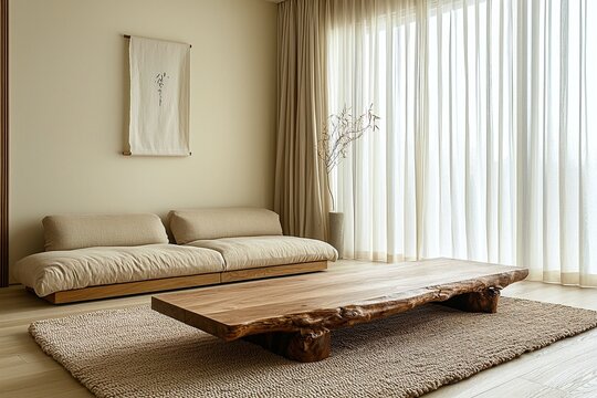 Minimalist, modern japandi interior design of a living room with windows and curtains and a sofa. Generative AI
