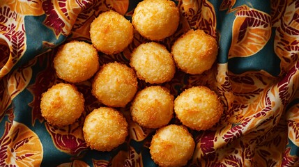 Delicious golden coconut macaroons on patterned fabric.