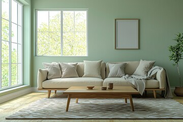 Fototapeta premium A modern minimalist interior design in the living room with mint-colored walls and views of sofas and windows. Generative AI 