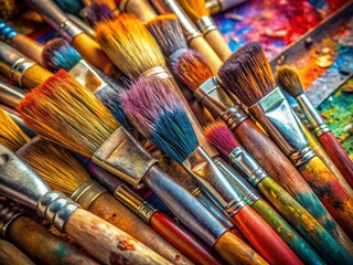 Fototapeta premium Used Oil & Acrylic Paint Brushes in Artist Studio - Close-up Still Life Photography