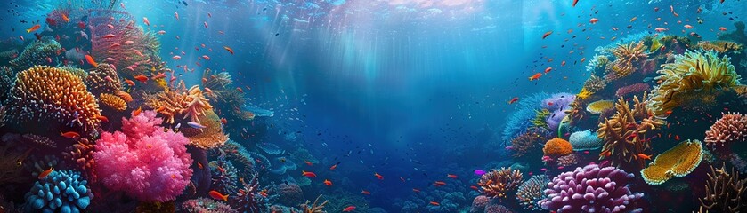 An underwater scene depicting a vibrant coral reef teeming with marine life