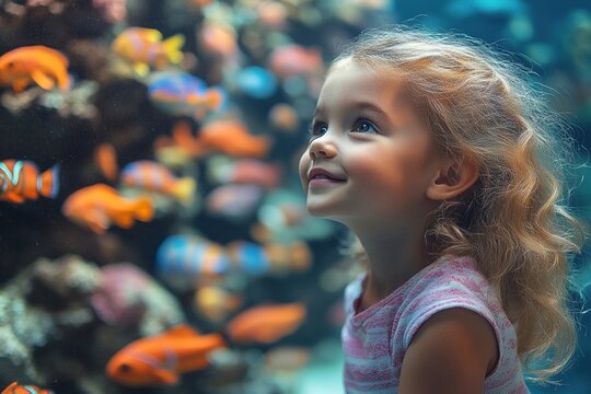 A child gazes in wonder at colorful fish swimming in an aquarium, showcasing joy and curiosity about marine life.