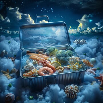 Picture a lunchbox unveiling Neptunes inspired feast amidst ethereal blue-toned skyscapes The meal is a blend of seafood and exotic ingredients 3D render style, Rim lighting