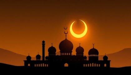 Obraz premium A silhouette of the mosque building with a crescent moon background. month of Ramadan. fasting month. eid mubarak greeting card. perfect any project islamic. 