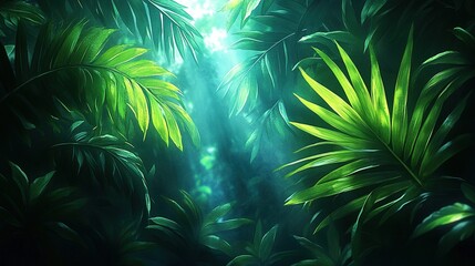 Lush green foliage illuminated by soft light, creating a serene jungle atmosphere.