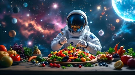 Astronaut Enjoying a Vibrant, Healthy Meal Amidst the Cosmic Wonders of Space