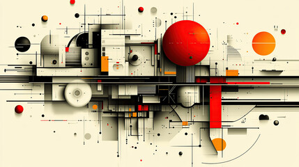 Modern abstract artwork with geometric shapes lines and vibrant red accents