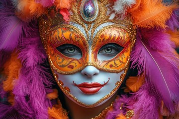 A vibrant masked figure adorned with colorful feathers and intricate makeup, embodying festive celebration.