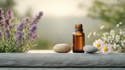 essential oil bottle and stones and fresh flowers
