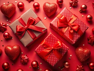 Fototapeta premium Valentine's Day Gift Boxes & Decorations: Top View Red Background Stock Photo