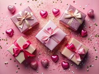 Fototapeta premium Valentine's Day Gift Boxes: Pastel Pink Glitter & Rhinestone Flat Lay