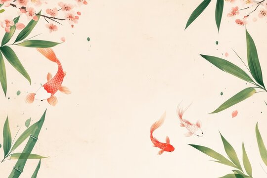 A calm and serene Chinese-style background template with traditional elements like koi fish, bamboo leaves, and cherry blossoms on a pale paper-colored background.