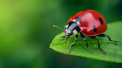 Fototapeta premium Close-up of a Red Ladybug on a Green Leaf in Nature Background