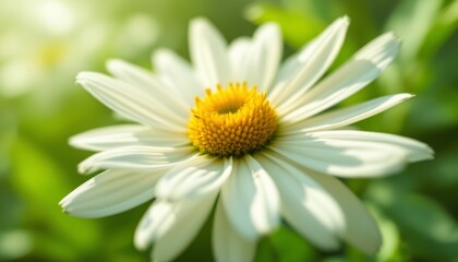 Fototapeta premium Sunlit Daisy Unfurling its Petals in a Lush Green Garden Setting