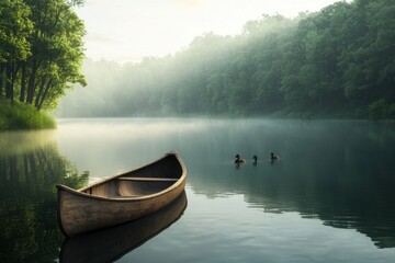 Obraz premium Serene Morning Mist Over Calm Lake with Canoe and Swimming Ducks