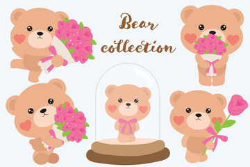 Cute Bear Collection with Rose Flowers Illustration