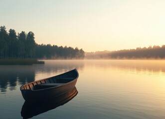Serene Sunrise Over Calm Lake with Lone Boat in Misty Landscape