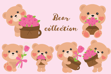 Naklejka premium Cute Bear Collection with Rose Flowers Illustration