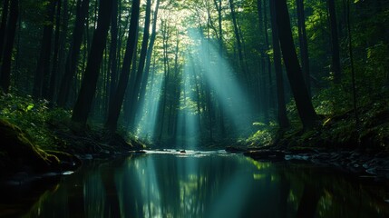 Obraz premium Sunlight Streaming Through Trees Over Calm Water in Lush Forest Environment