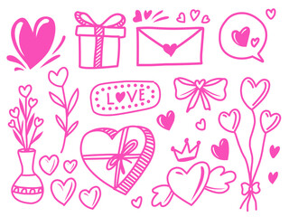 Hand-drawn Valentine's Day elements including hearts, gifts, ribbons, and love messages in pink, ideal for romantic-themed designs or cards