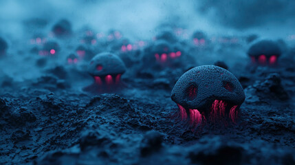 Otherworldly Alien Landscape with Massive Pulsating Mushrooms in 3D Detail