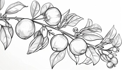 Detailed black and white drawing of a citrus branch with leaves, fruit, and blossoms. Ideal for botanical illustrations, packaging, or educational materials.