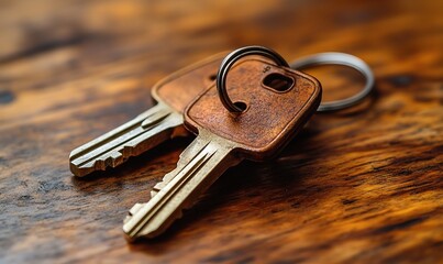 A close-up of two vintage keys on a wooden surface, emphasizing their texture and design.