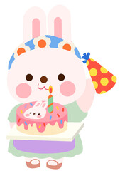 birthday card with cake. Celebration bunny birthday with colorful party cake.