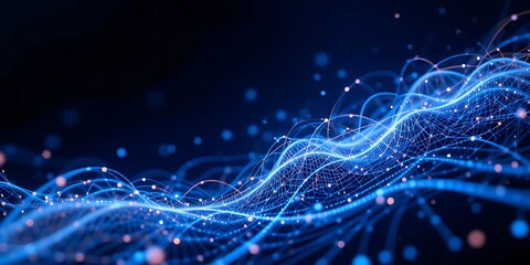 Abstract blue waves of particles and lines.