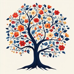 Obraz premium A beautifully illustrated tree adorned with colorful flowers, symbolizing growth and nature's beauty.