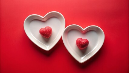 Fototapeta premium Valentine's Day Heart Shaped Plates with Candy - Romantic Red Background Stock Photo