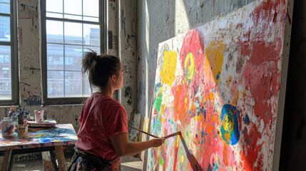 Obraz premium Artist Creating Vibrant Artwork in a Sunlit Studio Surrounded by Colorful Canvases