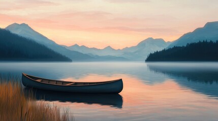Obraz premium Serene Canoe on Calm Lake at Dawn with Soft Mountain Backdrop