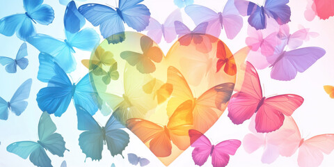 Colorful butterflies surround heart shaped design, creating vibrant and joyful atmosphere. This artwork symbolizes love and beauty in nature