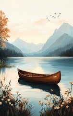 Obraz premium Serene Mountain View with Canoe on Tranquil Lake at Sunrise
